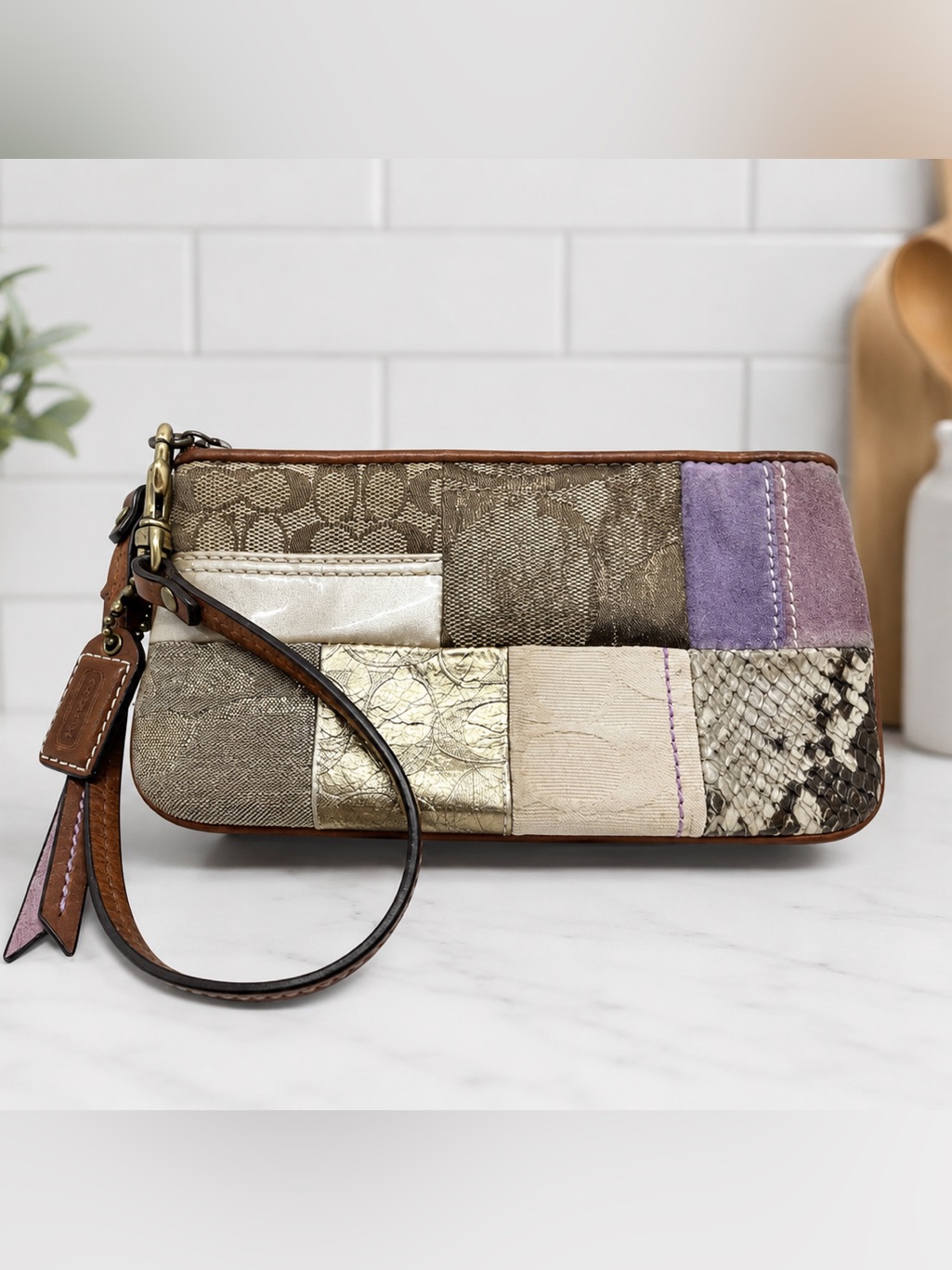 Coach Patchwork Signature Wristlet Brown Multi Snakeskin, Pink/Purple Suede